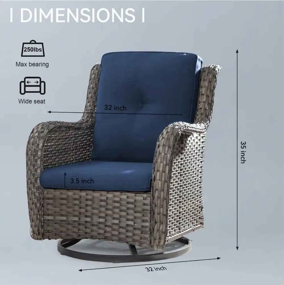 Wicker Outdoor Rocking Chair Patio Swivel with Blue Cushions