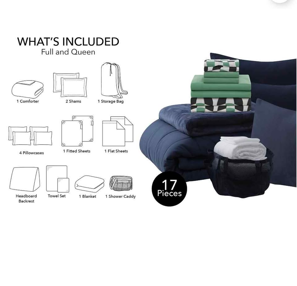 17pc College Dorm Essentials Bundle, Full, Reversible Bed in a Bag Comforter Set, Navy