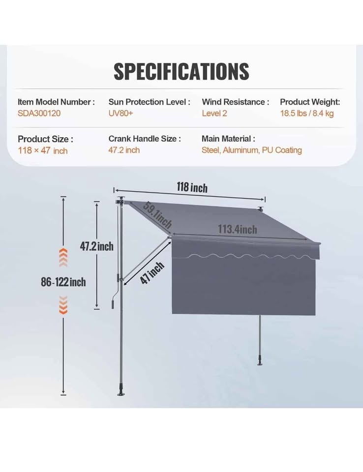 VEVOR Manual Retractable Awning, 118" Outdoor Retractable Patio Awning Sunshade Shelter