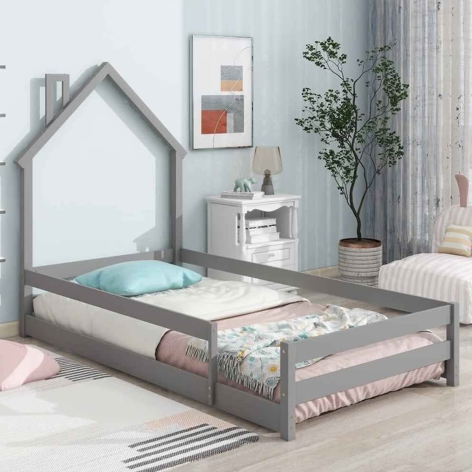  Twin Size Floor Bed with House-Shaped Headboard