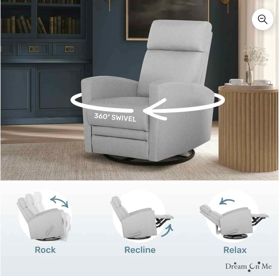  Dream On Me Chatham Nursery Glider Recliner and Rocking Chair in Gray, 360° Swivel Motion, Rocking