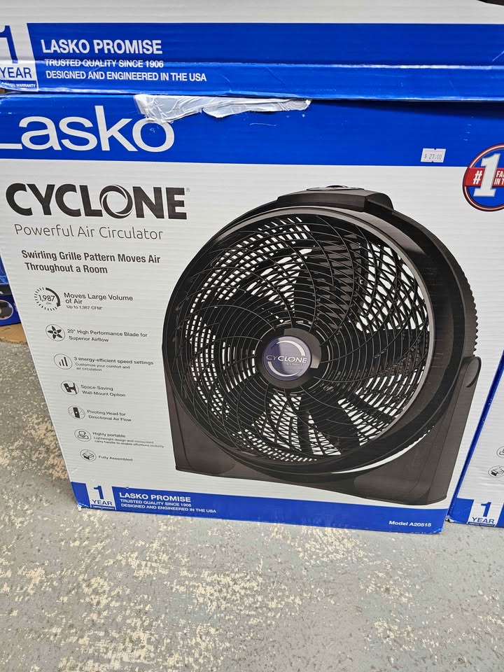 Lasko Floor Cyclone Fan, 20" Adjustable Tilt, Wall Mountable, 3 Speeds, Indoor Use, 2000 CFM