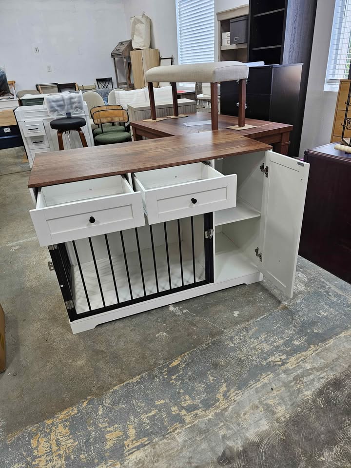 Ansel 47.2" Modern Wooden Dog Crate Furniture, Pet Kennel with Double Doors, 2 Storage Drawers &Food