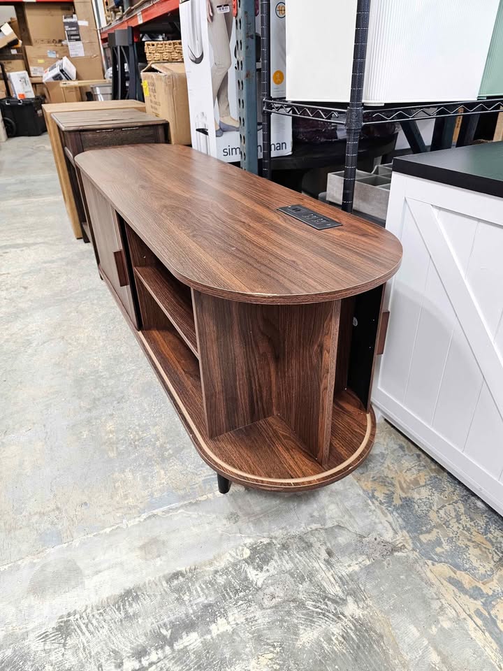 TV Stand for 60" TV, Wood Entertainment Center with Storage and Shelves, 2 Sliding Tambour Doors