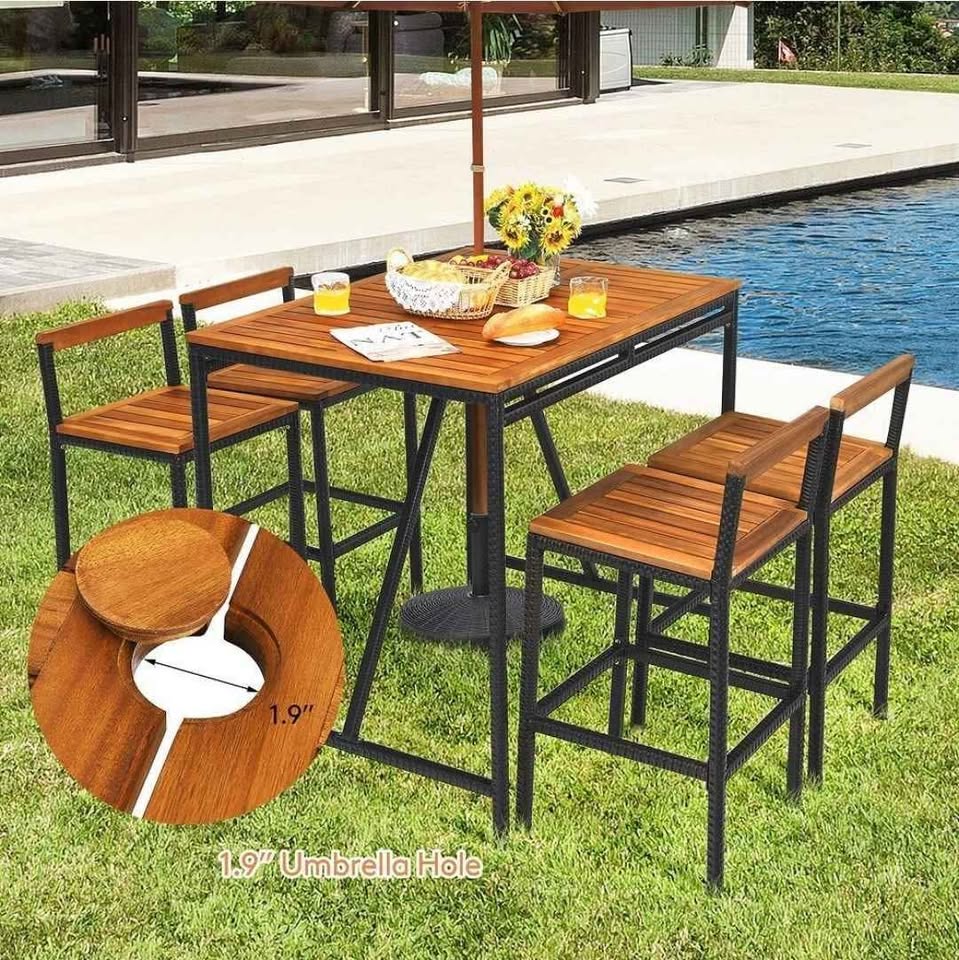  5-Pieces Patio Rattan Acacia Wood Top Outdoor Bar Stool Set with Umbrella Hole