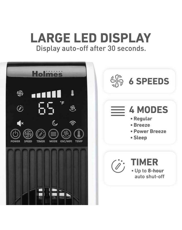 Holmes 40' Wi-Fi Tower Oscillating Fan with Clean Breeze