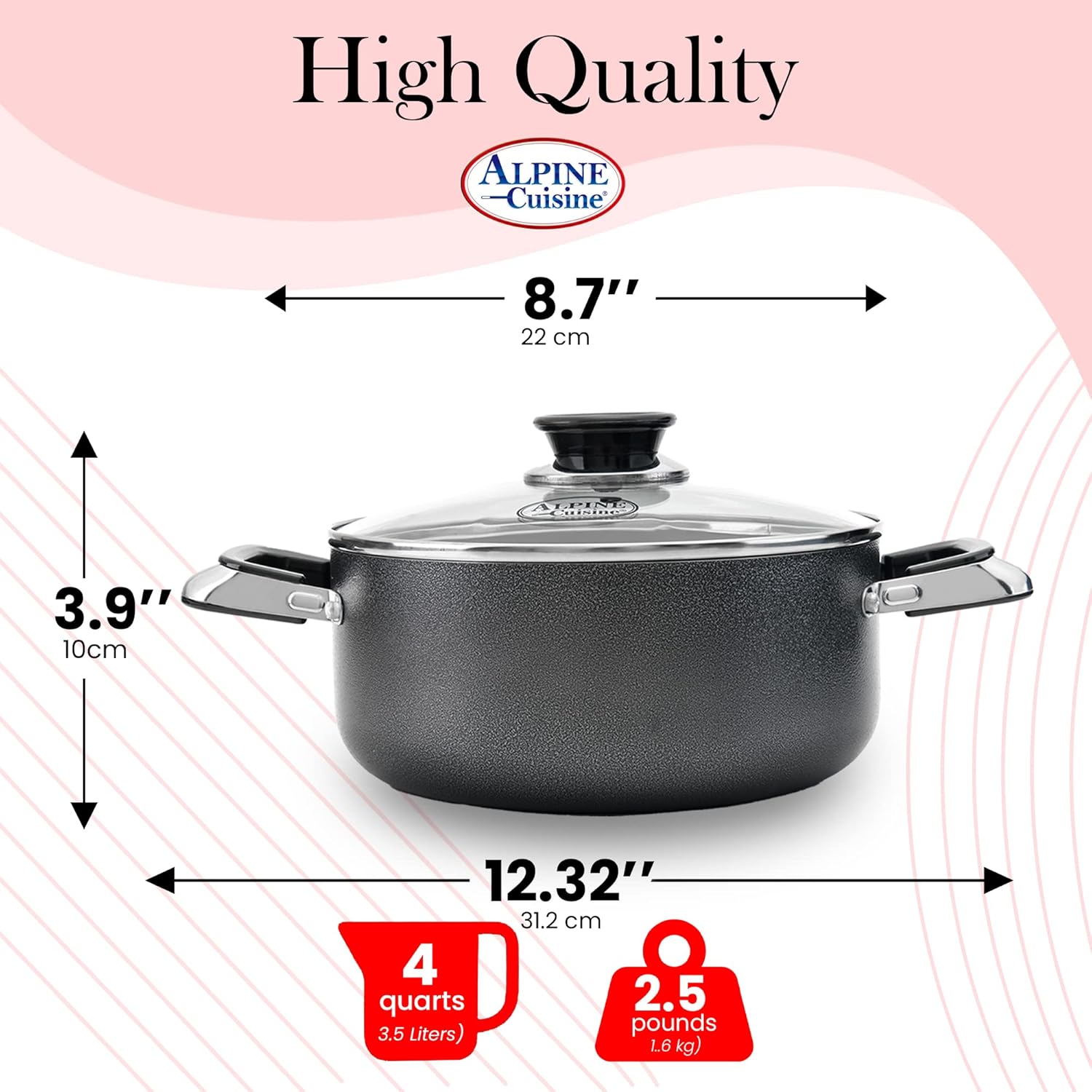 Alpine Cuisine 4Qt Non-stick Stock Pot with Tempered Glass Lid, Aluminum Dutch Oven 