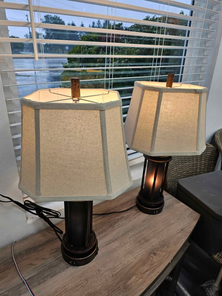 (Set of 2) Belvoir Castle Table Lamps with Night Light & USB, Bronze Metal+Glass, White Lampshade