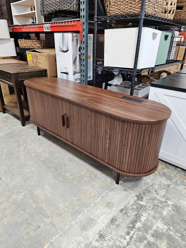 TV Stand for 60" TV, Wood Entertainment Center with Storage and Shelves, 2 Sliding Tambour Doors