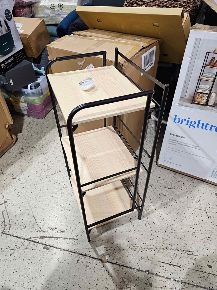 Folding 3 Shelf Black Metal with Natural Wood Shelves