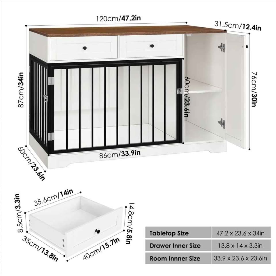 Ansel 47.2" Modern Wooden Dog Crate Furniture, Pet Kennel with Double Doors, 2 Storage Drawers &Food