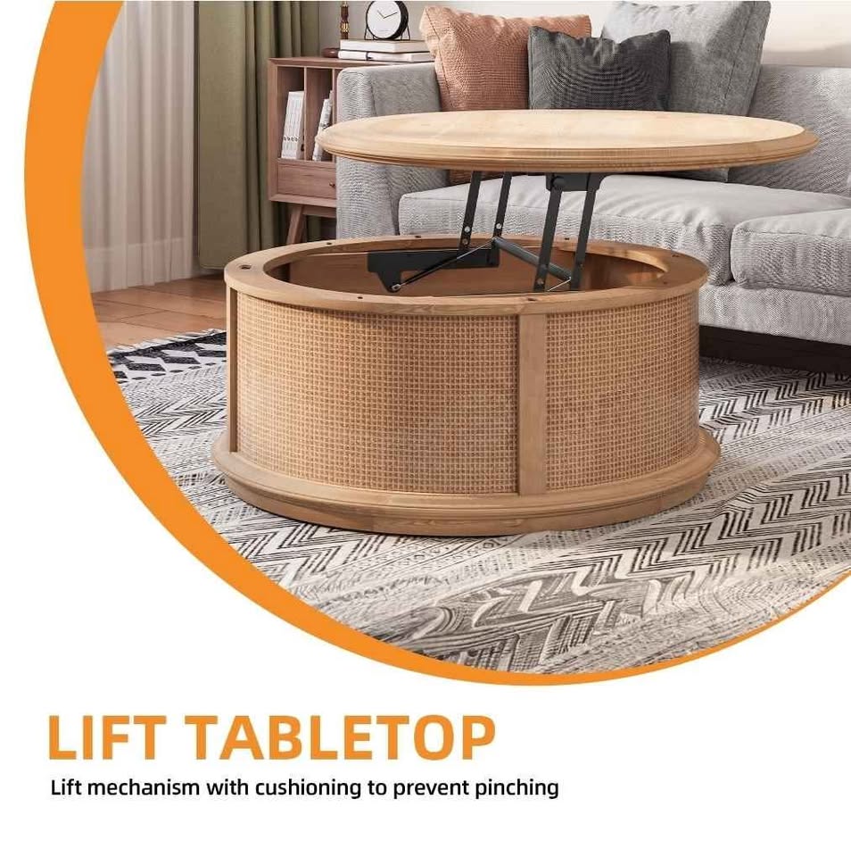  Round Lift-Top Coffee Table with Rattan Storage, Natural Wood Color, for Living Room & Office
