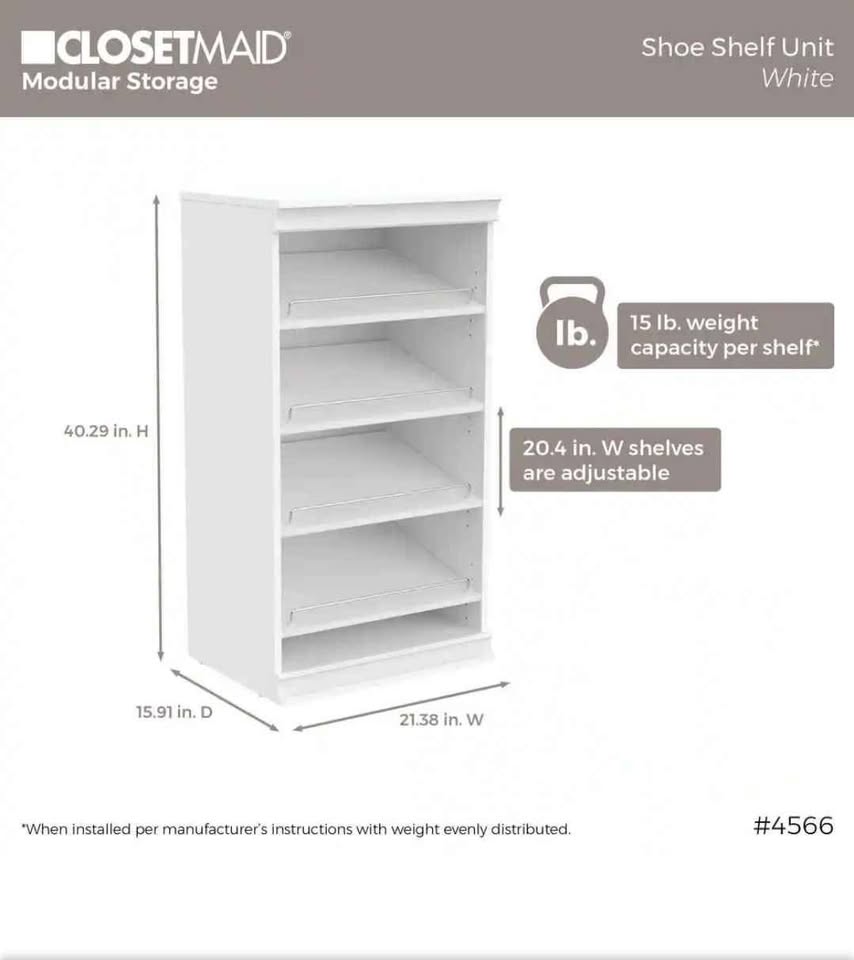  ClosetMaid 21.39 in. W White Modular Storage Stackable Wood Shoe Shelf Unit Wood Closet System