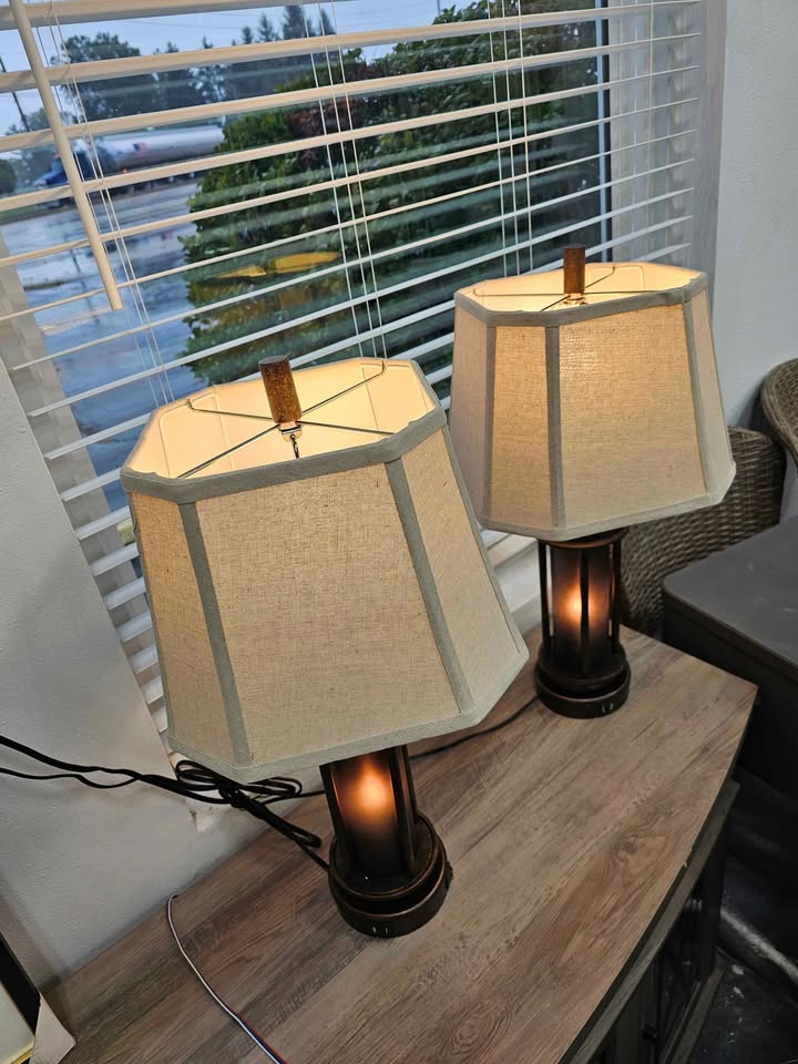 (Set of 2) Belvoir Castle Table Lamps with Night Light & USB, Bronze Metal+Glass, White Lampshade