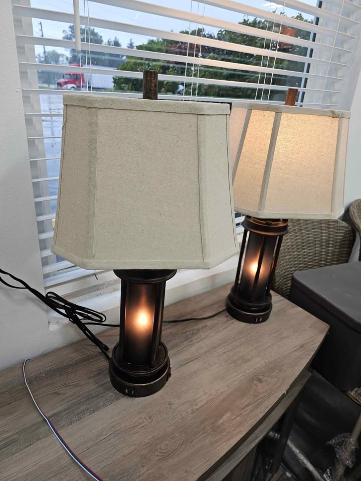 (Set of 2) Belvoir Castle Table Lamps with Night Light & USB, Bronze Metal+Glass, White Lampshade
