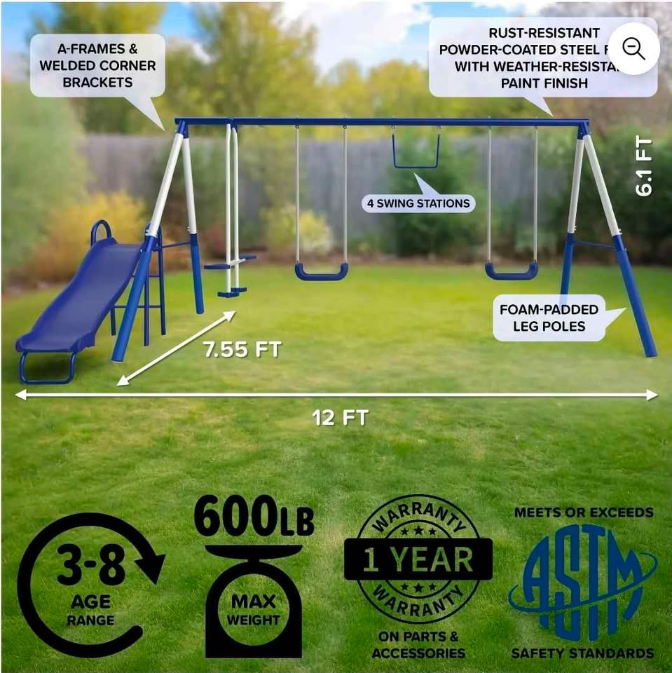 Sportspower Arcadia Metal Swing Set with Trapeze, 2 Person Glider Swing, 5' Double Wall Slide 3-8