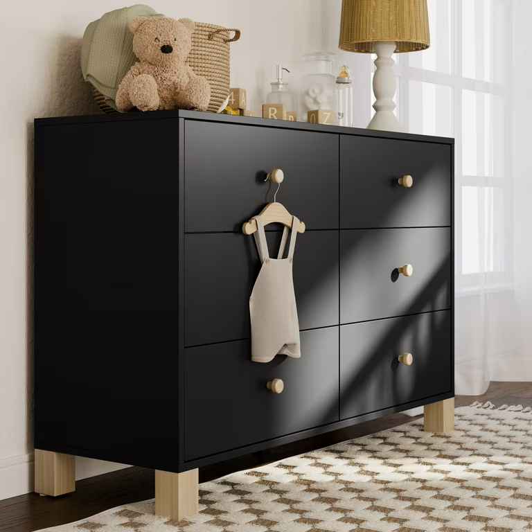Storkcraft California 6 Drawer Nursery Wood Double Dresser, Black with Driftwood