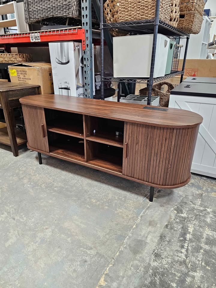 TV Stand for 60" TV, Wood Entertainment Center with Storage and Shelves, 2 Sliding Tambour Doors