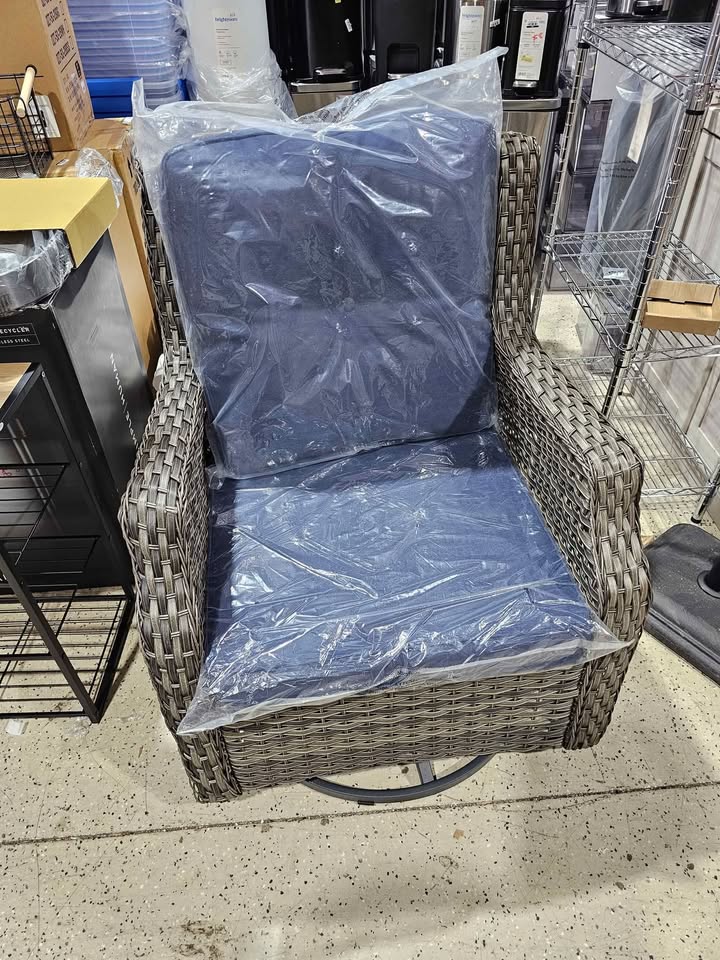 Wicker Outdoor Rocking Chair Patio Swivel with Blue Cushions