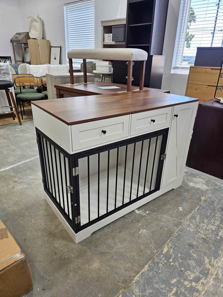 Ansel 47.2" Modern Wooden Dog Crate Furniture, Pet Kennel with Double Doors, 2 Storage Drawers &Food