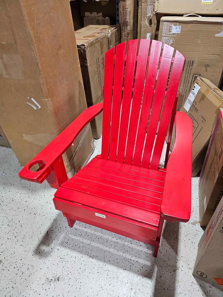 Outsunny Red Wood Adirondack Chair for the Deck with Ergonomic Design and a Built-In Cup Holder