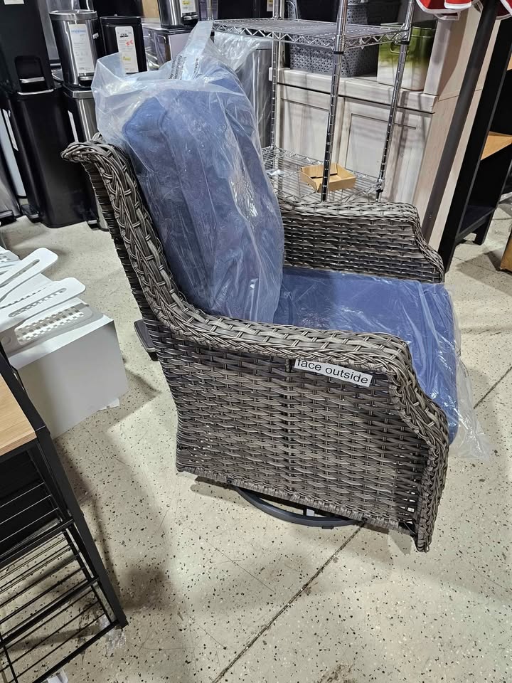 Wicker Outdoor Rocking Chair Patio Swivel with Blue Cushions