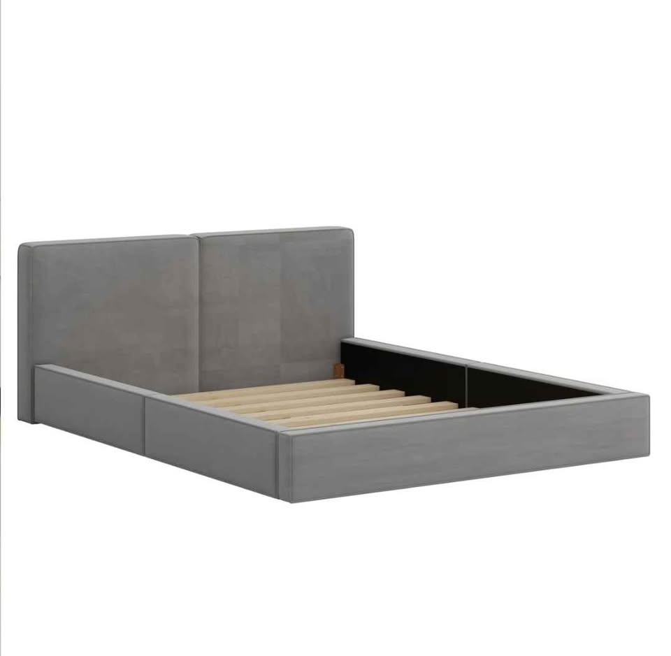  Queen Size Upholstered Platform Bed, Grounded Bed With Solid Frame, Gray
