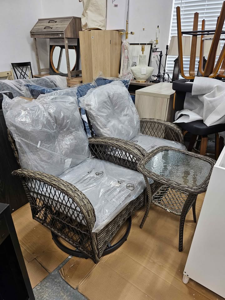  3-Piece Wicker Outdoor Bistro Set with Gray Cushions