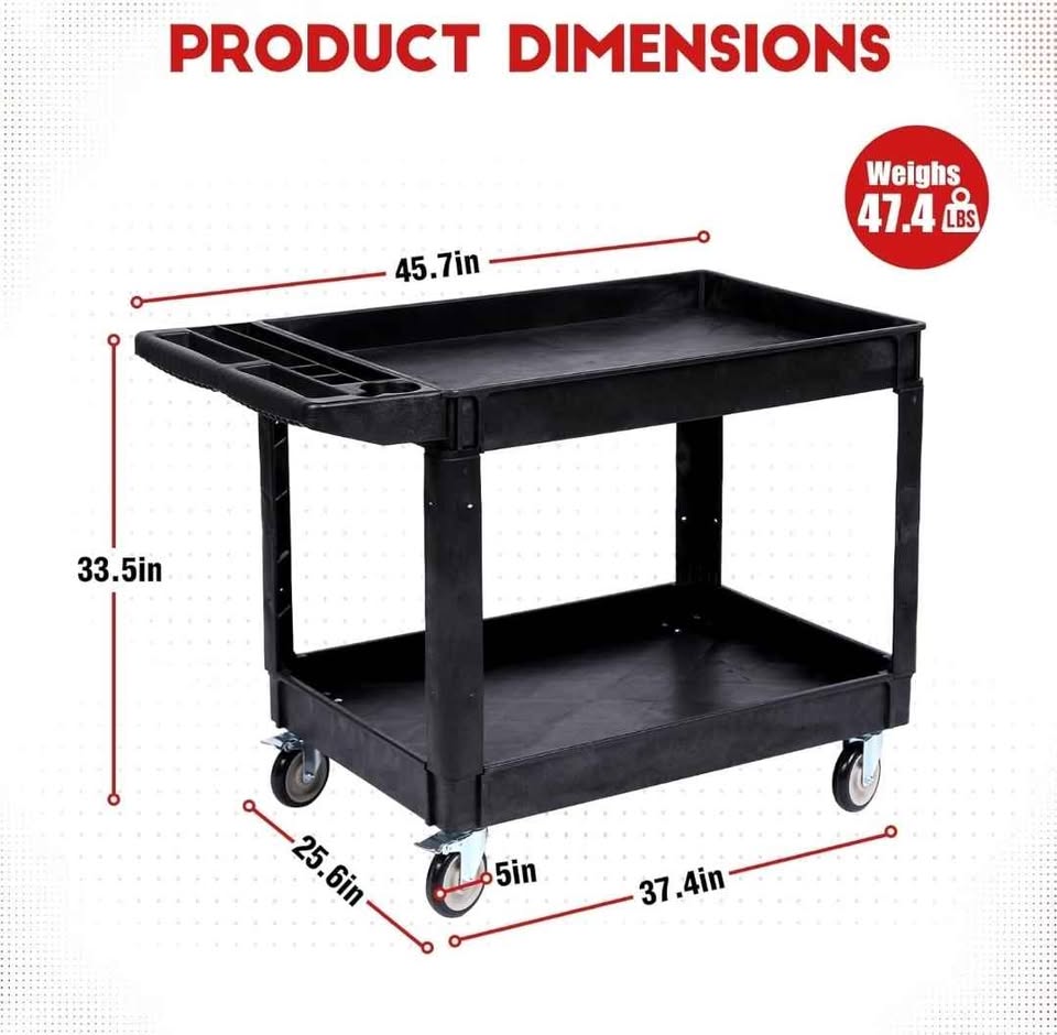  2-Shelf Utility/Service Cart, 45.7x25.6 Inch Utility Cart with 500 lbs. Capacity