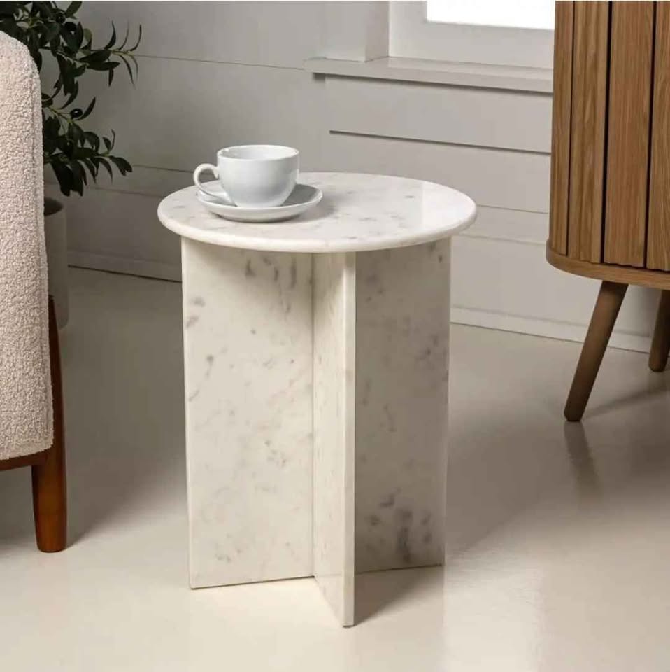  Javier 14 in. White Contemporary Natural Marble Handmade Round X-Shaped End Table