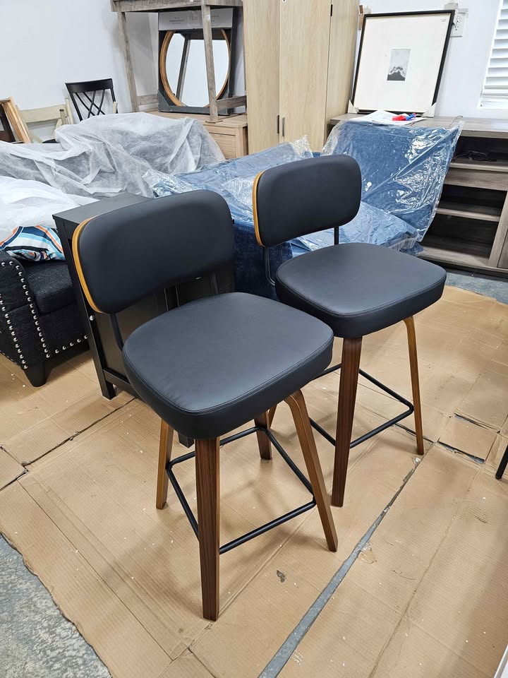  (Set of 2) Counter & Bar Height Swivel Stools, Leather Black color
