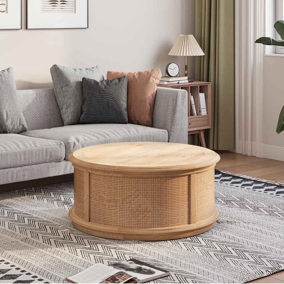 Round Lift-Top Coffee Table with Rattan Storage, Natural Wood Color, for Living Room & Office