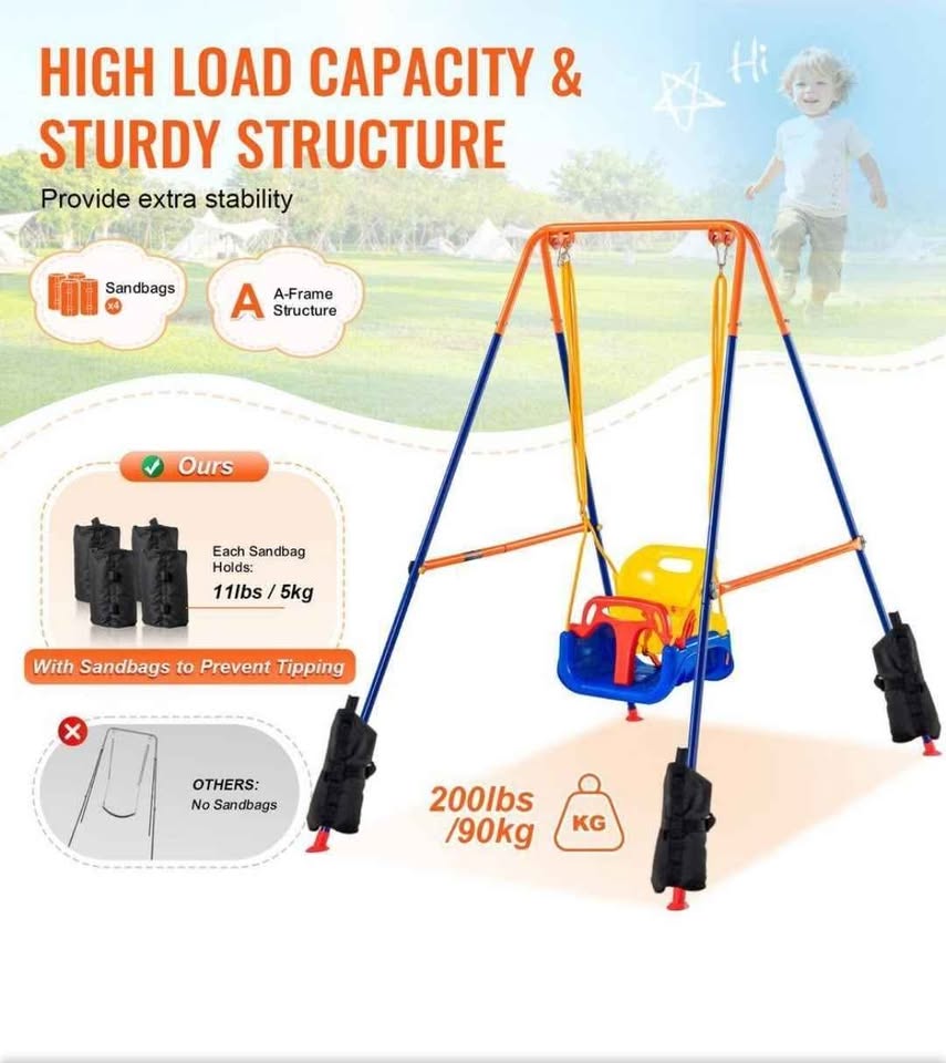 VEVOR Swing Sets for Backyard, 3-in.-1 Toddler Swing Set with 4 Sandbags, Foldable Metal Stand