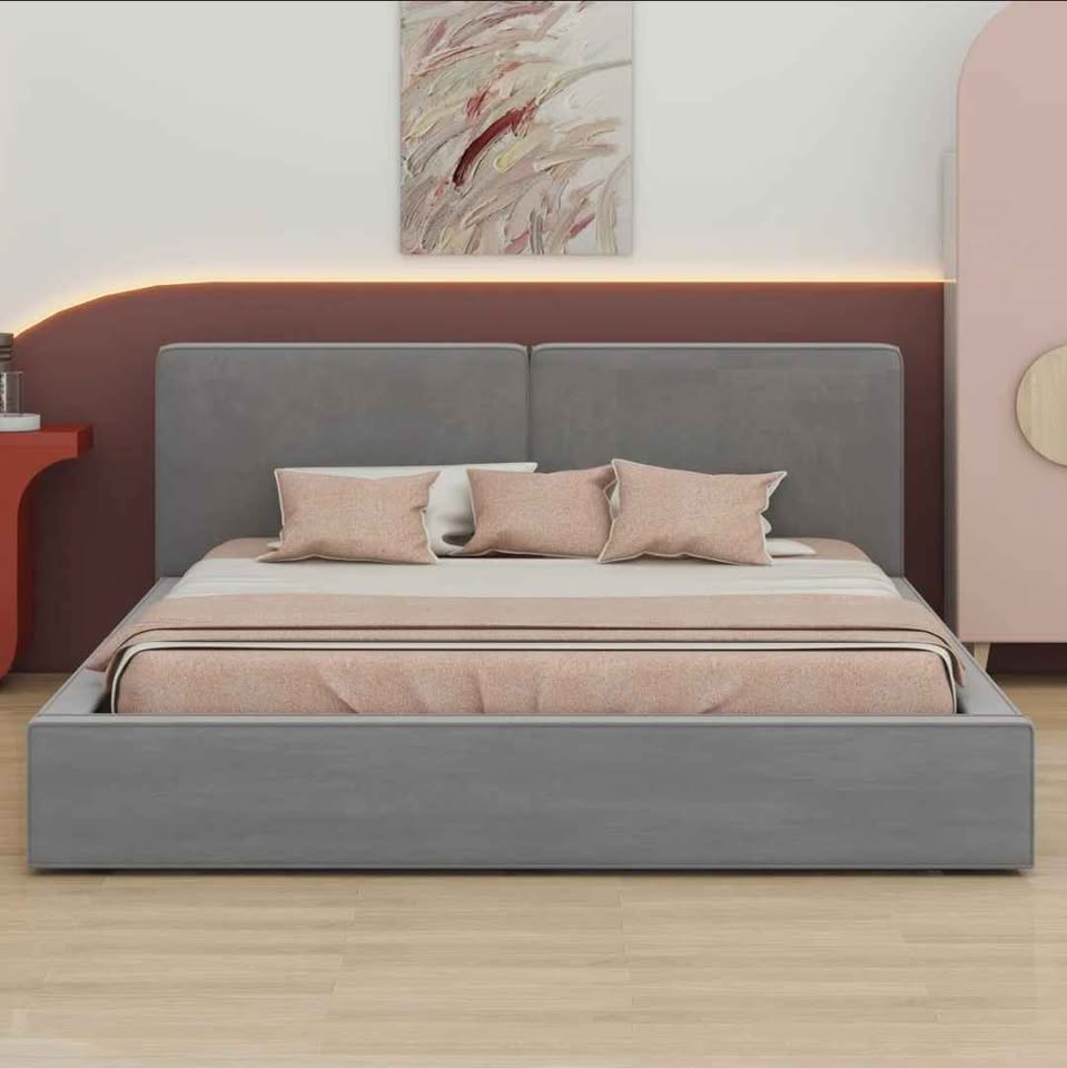  Queen Size Upholstered Platform Bed, Grounded Bed With Solid Frame, Gray