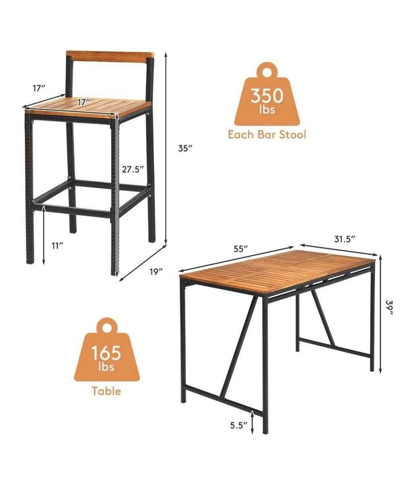  5-Pieces Patio Rattan Acacia Wood Top Outdoor Bar Stool Set with Umbrella Hole