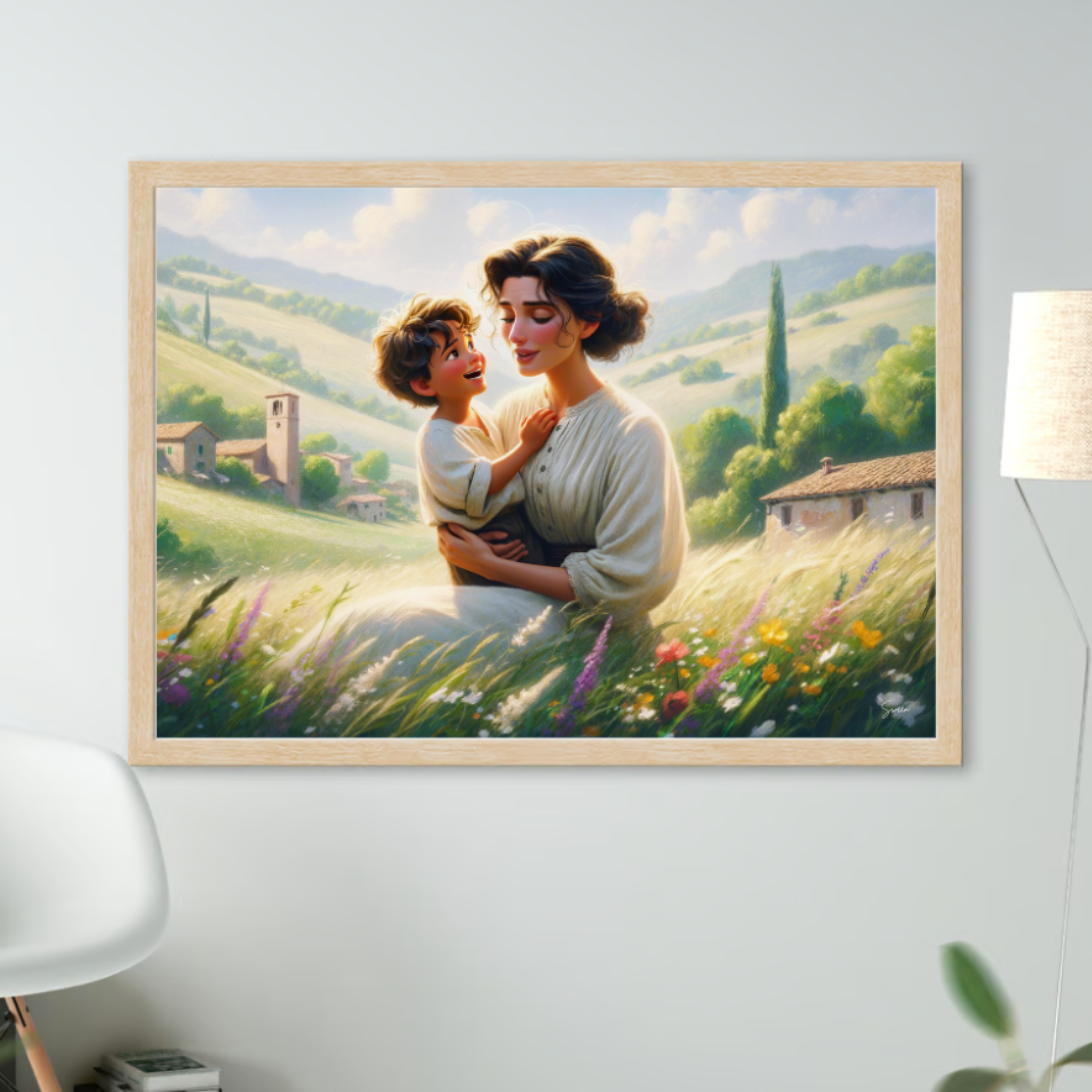 Tuscan Embrace: Mother and Child in Idyllic Countryside - Printable Poster