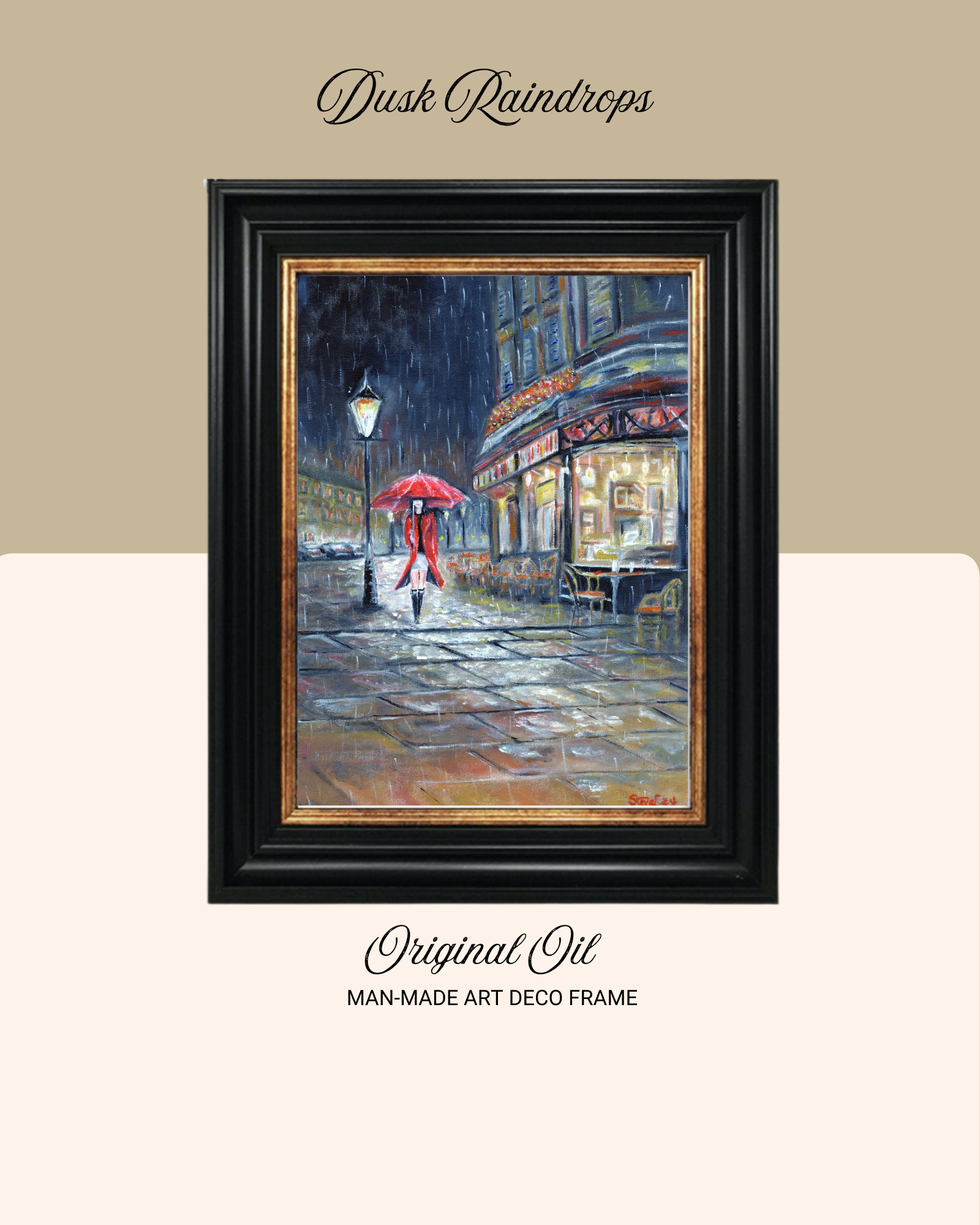 Dusk Raindrops – Romantic Paris Rain Street Art with Woman in Red” - Limited Edition 