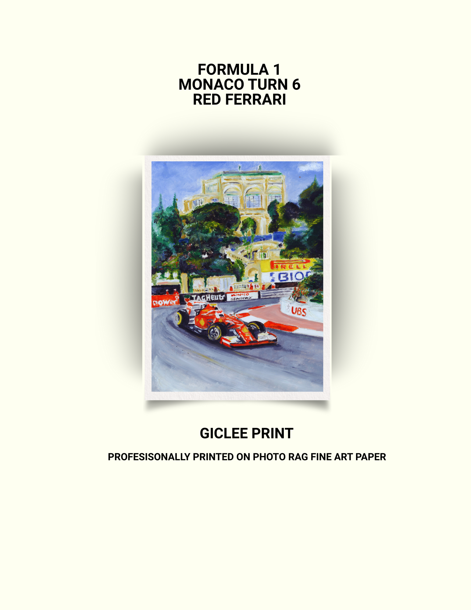 Formula 1 Monaco Turn 6 Red Ferrari Giclee Print or original 