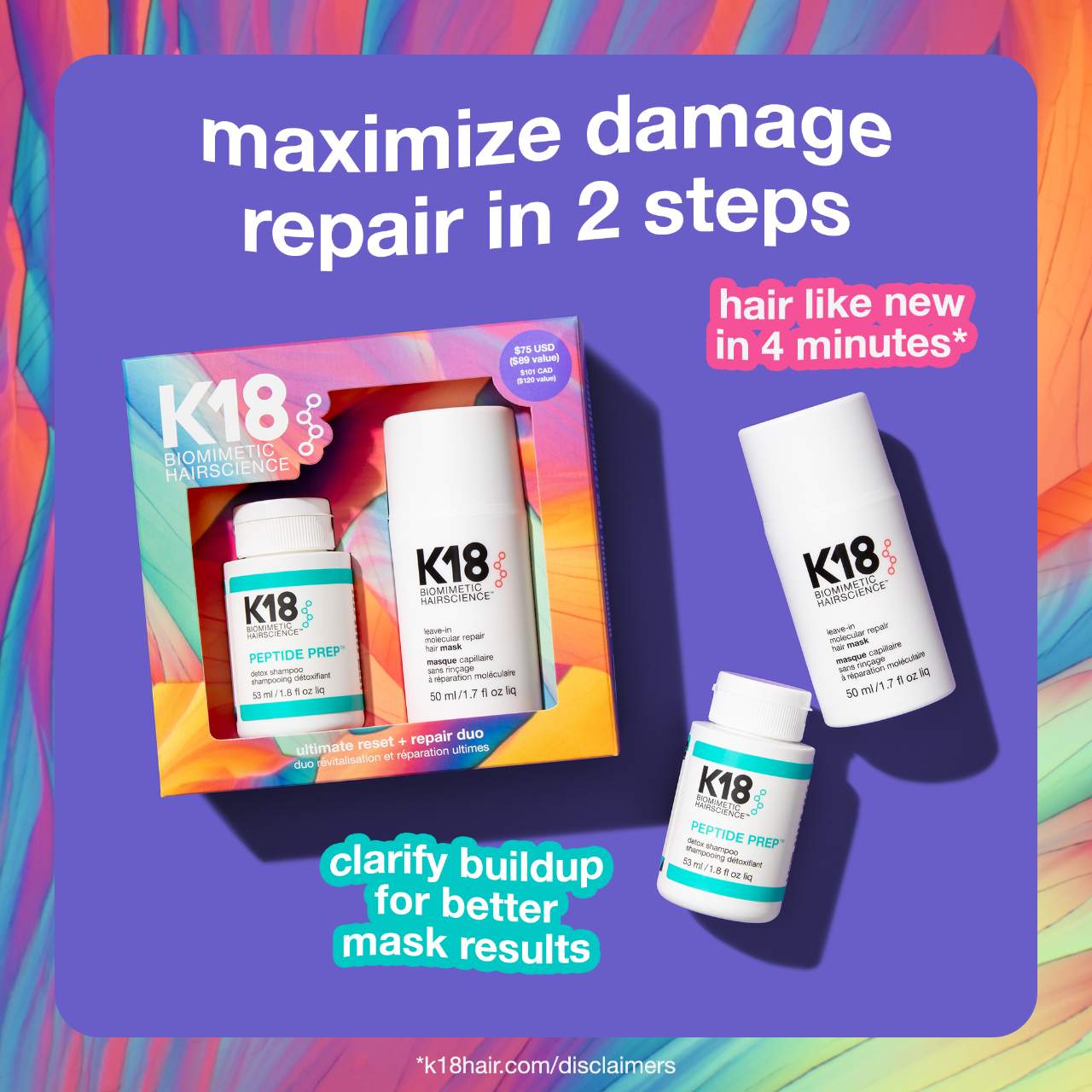 K18 ULTIMATE RESET + REPAIR HAIR MASK AND SHAMPOO VALUE SET
