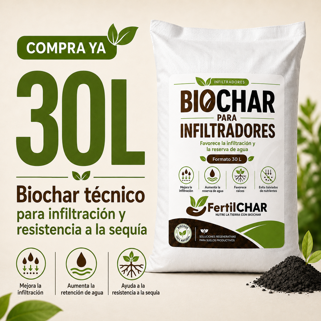 BIOCHAR FertilCHAR PARA INFILTRADORES 30L (2 infiltradores)
