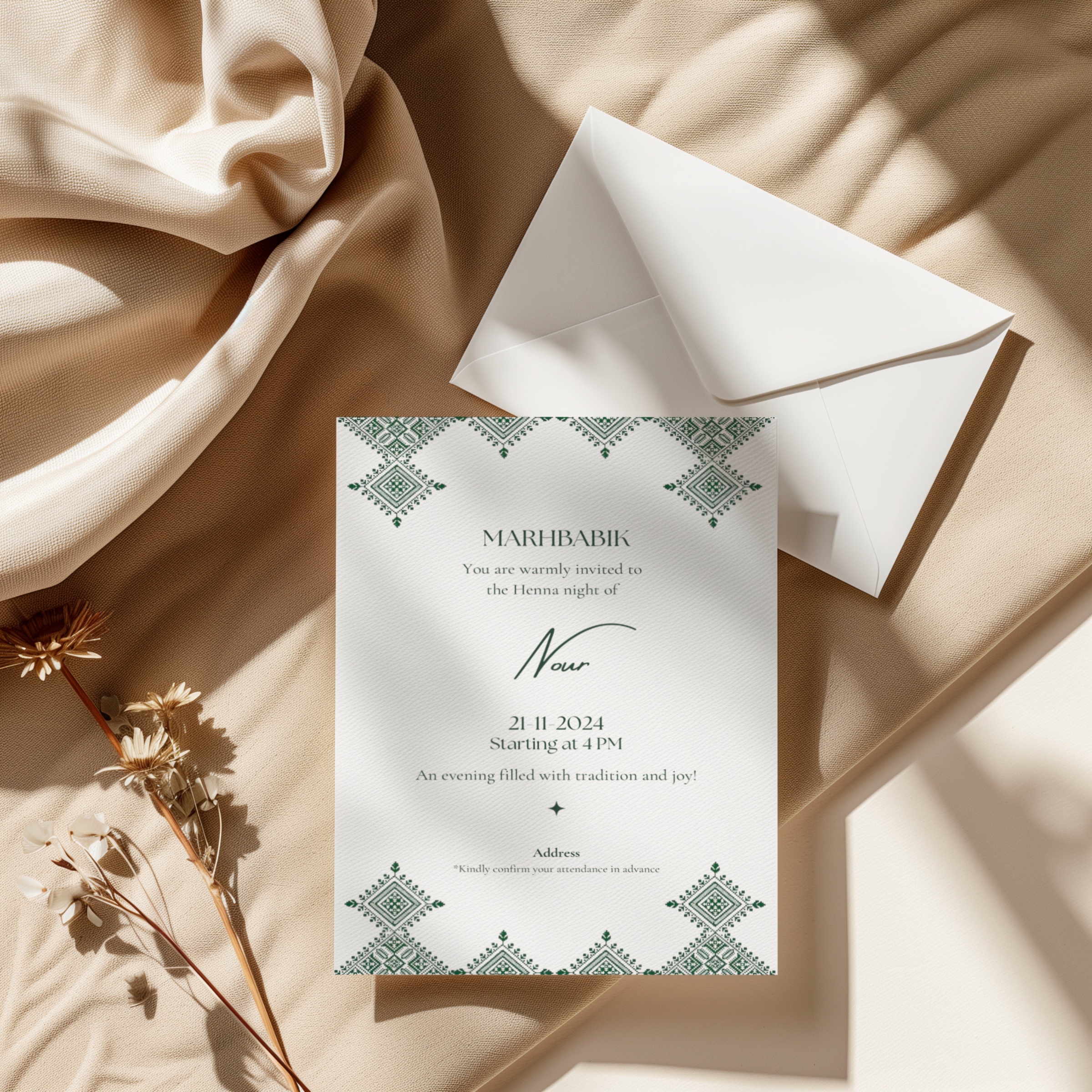 Henna Invitation Card – available in English, Dutch, German & French 