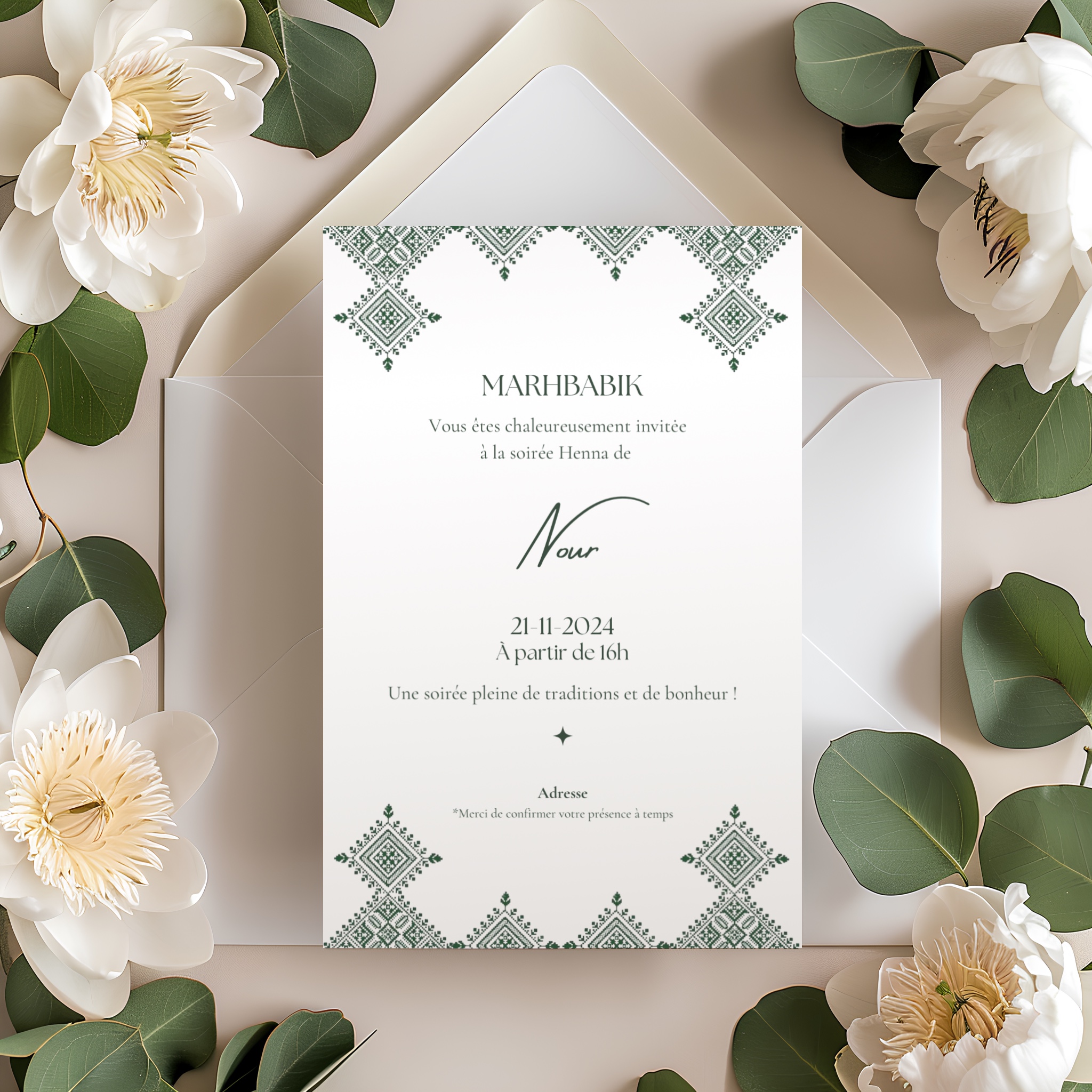 Henna Invitation Card – available in English, Dutch, German & French 