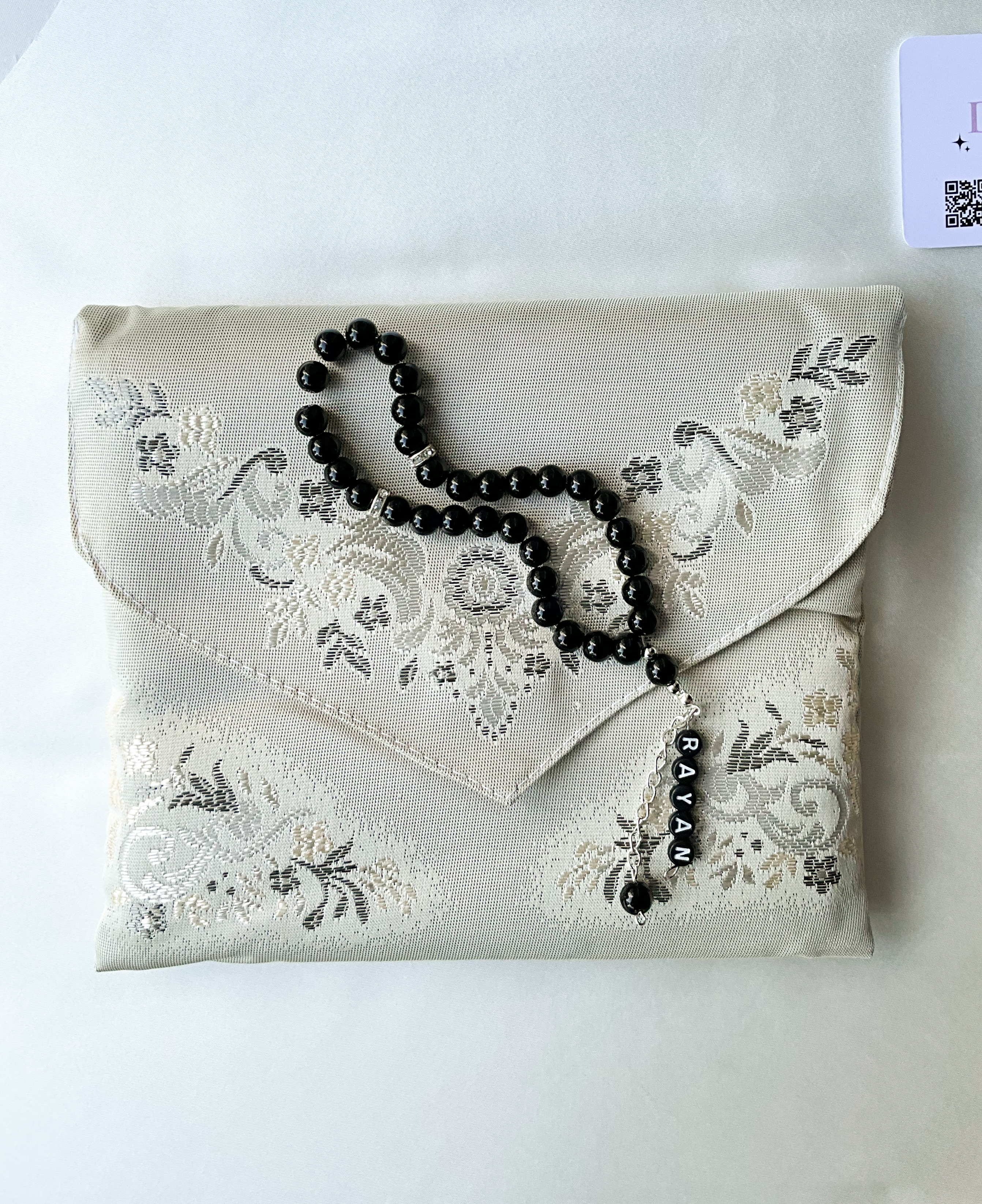 Sakina Gift Set – Luxury Prayer Mat (Grey) & Personalized Black Tasbeeh