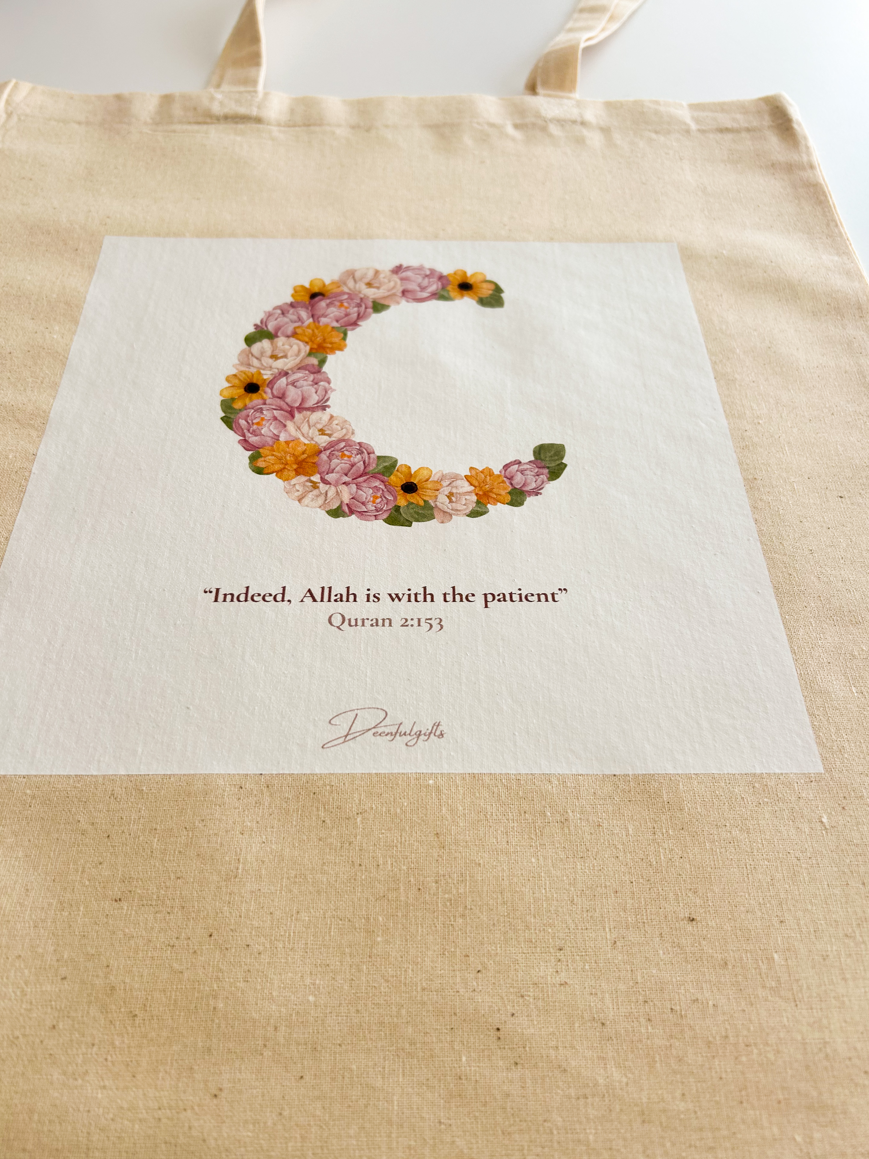 Floral Moon Tote Bag – 100% Cotton, Quran Verse design, Reusable Eco-Friendly Shopper