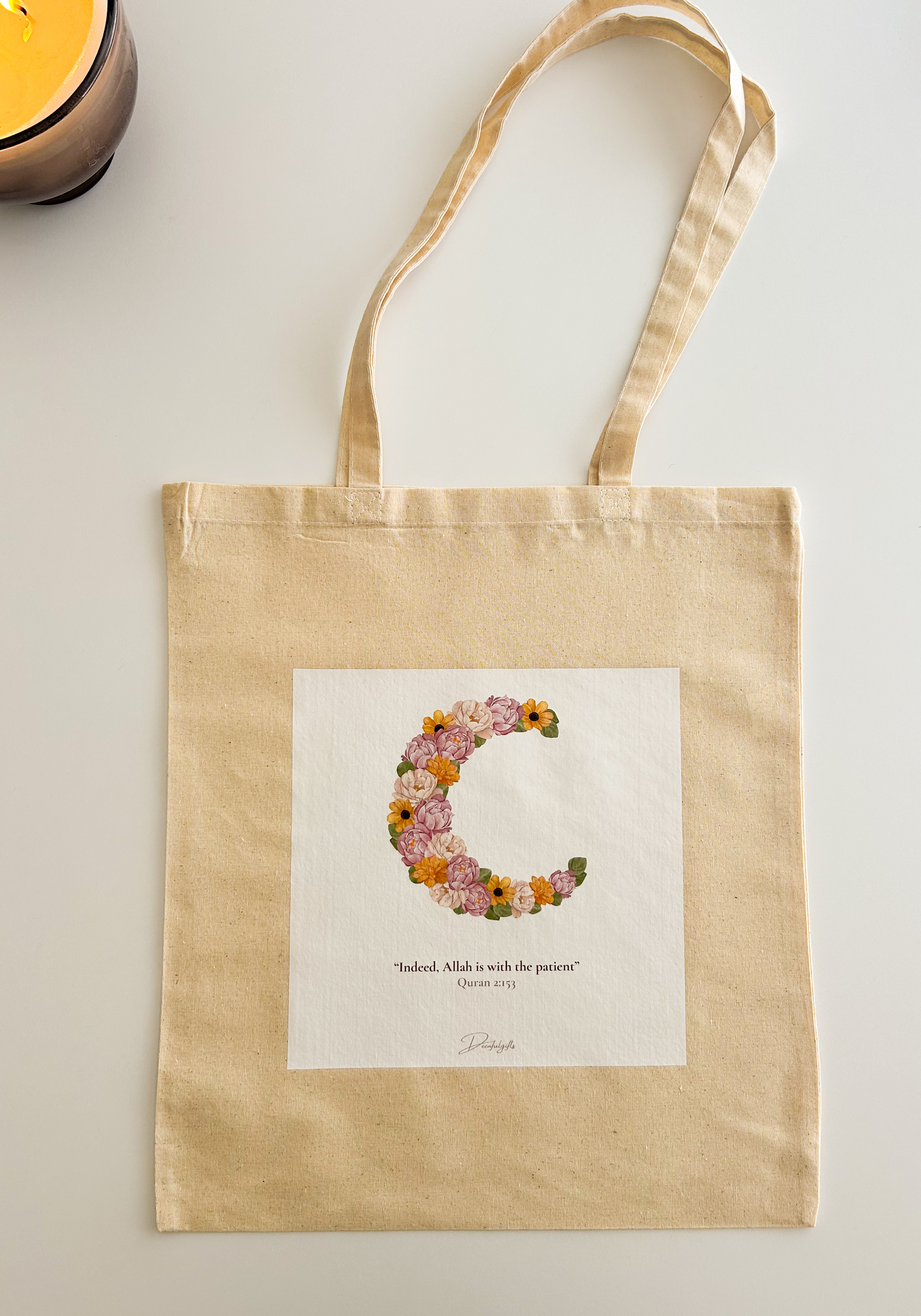 Floral Moon Tote Bag – 100% Cotton, Quran Verse design, Reusable Eco-Friendly Shopper
