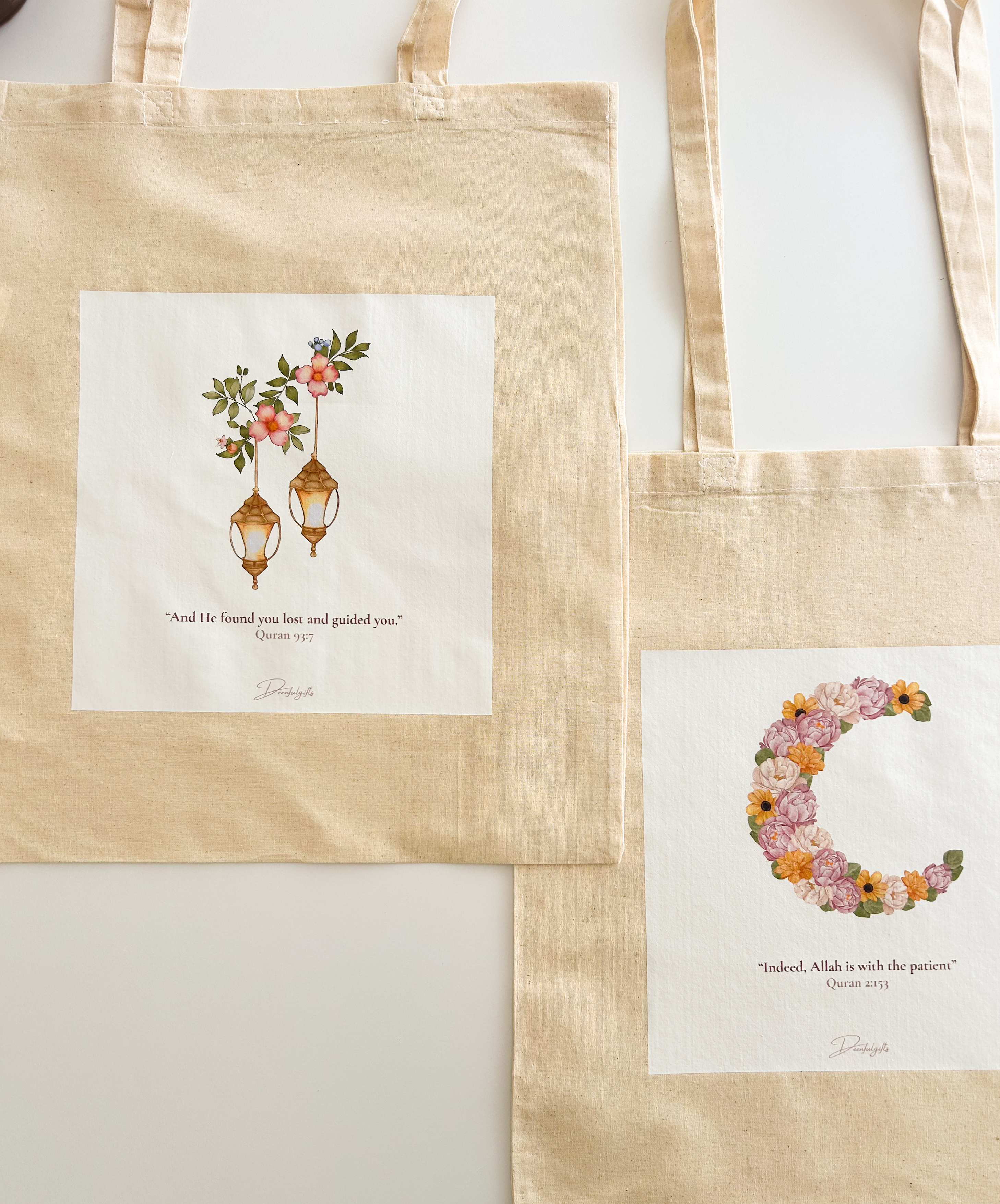 Bundle of 2 Islamic Tote Bags – 100% Cotton, Quran Verse design, Reusable Eco-Friendly Shopper