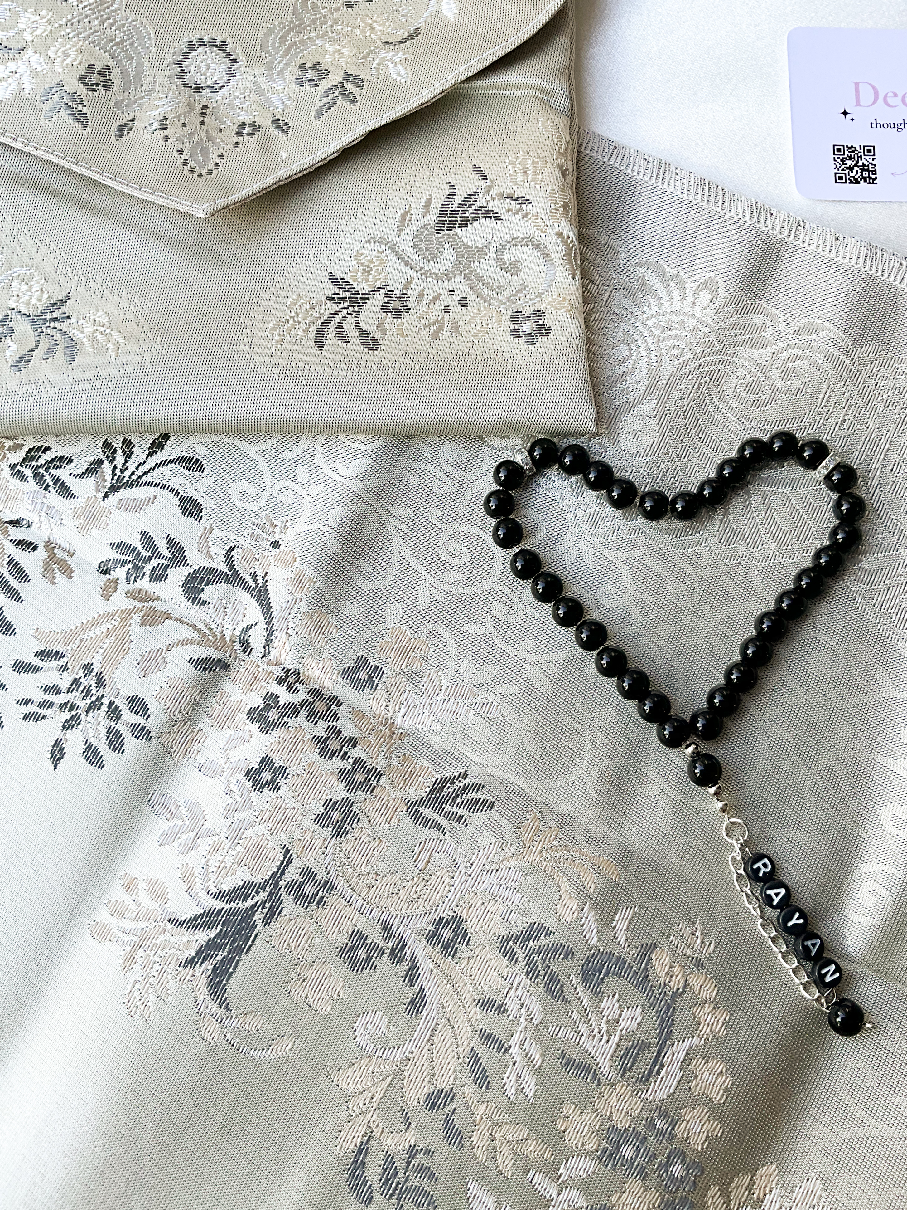 Sakina Gift Set – Luxury Prayer Mat (Grey) & Personalized Black Tasbeeh