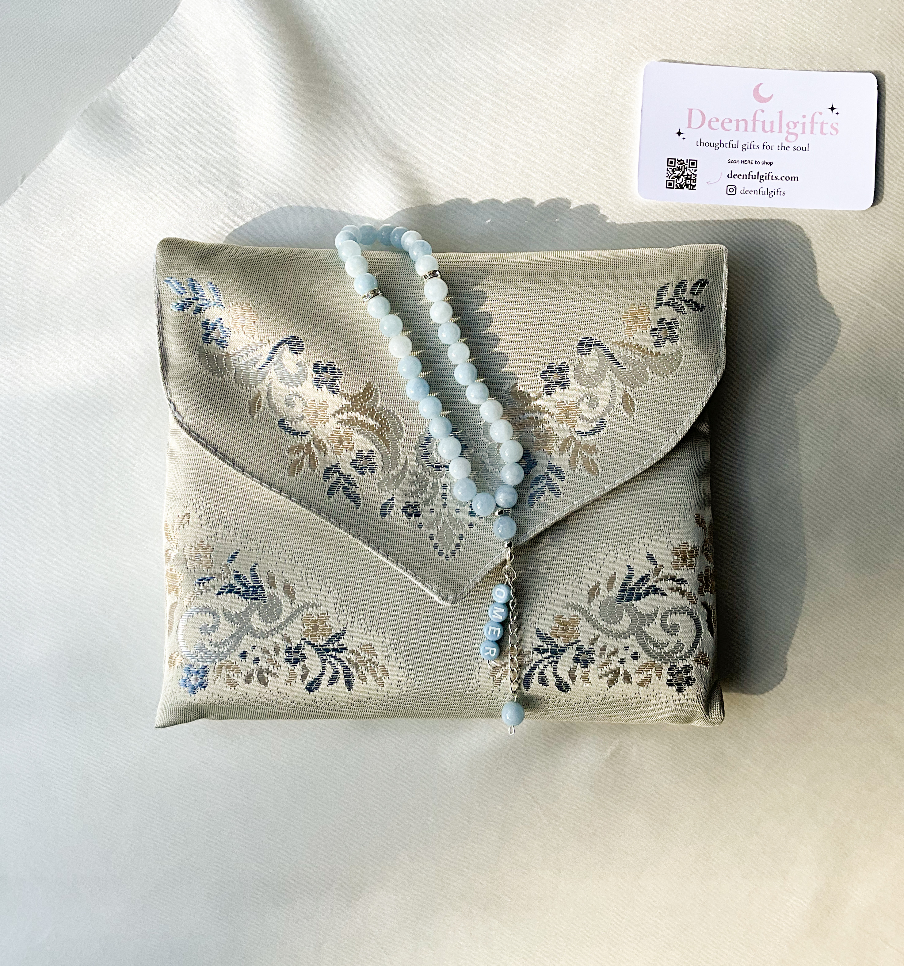 Sakina Gift Set – Luxury Prayer Mat (blue) & Personalized Blue Tasbeeh