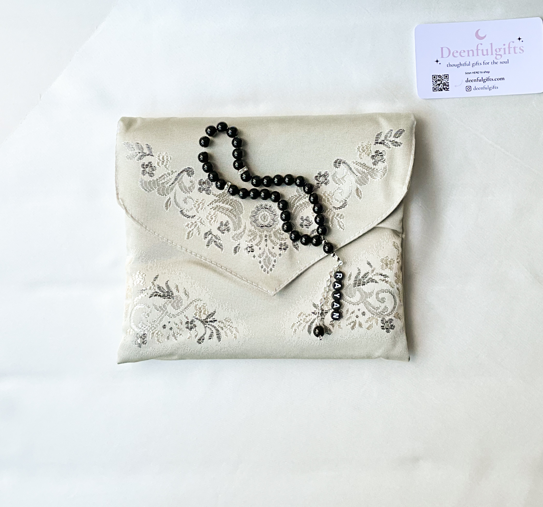 Sakina Gift Set – Luxury Prayer Mat (Grey) & Personalized Black Tasbeeh