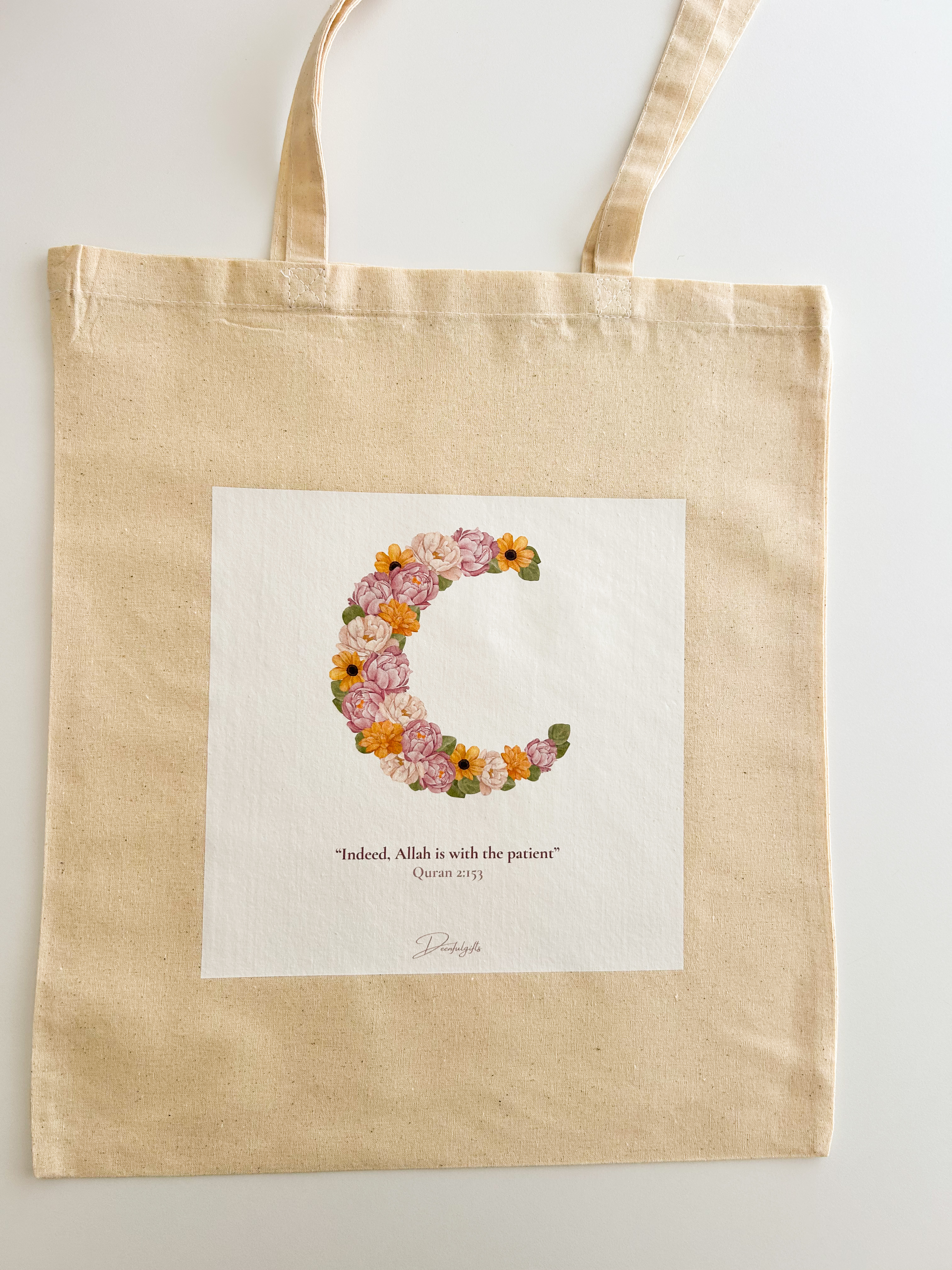 Floral Moon Tote Bag – 100% Cotton, Quran Verse design, Reusable Eco-Friendly Shopper